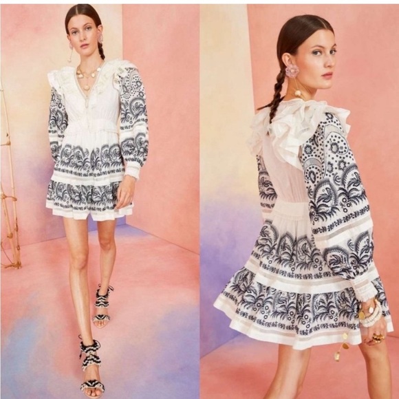 Ulla Johnson Bridget Embroidered Ruffle Tiered Mini Dress Boho Navy 2 - Picture 1 of 12